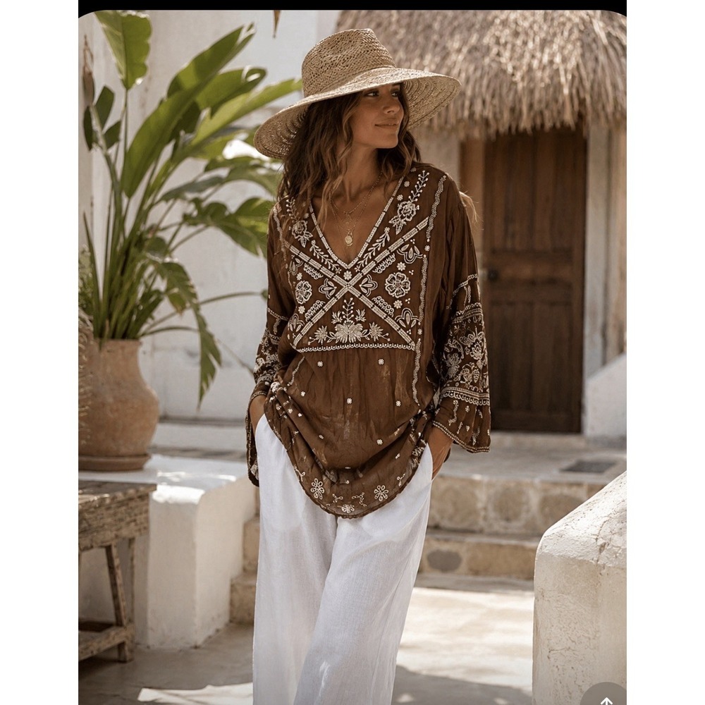 Johnny Was Workshop Brown  Embroidered Tunic Dress 3/4 Sleeve Boho Womens Large